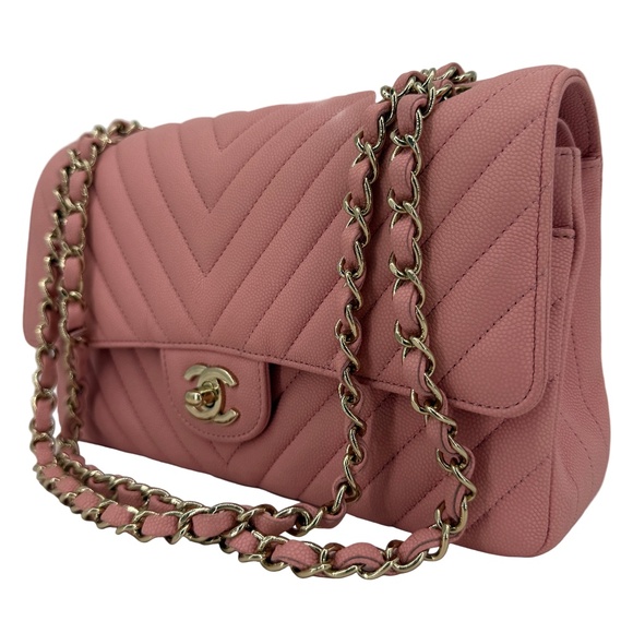 Chanel Medium Double Flap – Light Pink Chevron Caviar, Light Gold Hardware - Picture 1 of 11